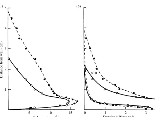 Figure 2. Typical proﬁles of (a) velocity at distances of 䊊 , 60 and 䊉 , 130 cm from the inlet, and (b) density at distances of 䊊 , 70 and 䊉 , 140 cm (the upper points being multiplied by a factor of 10 to show variations at small density diﬀerences), meas