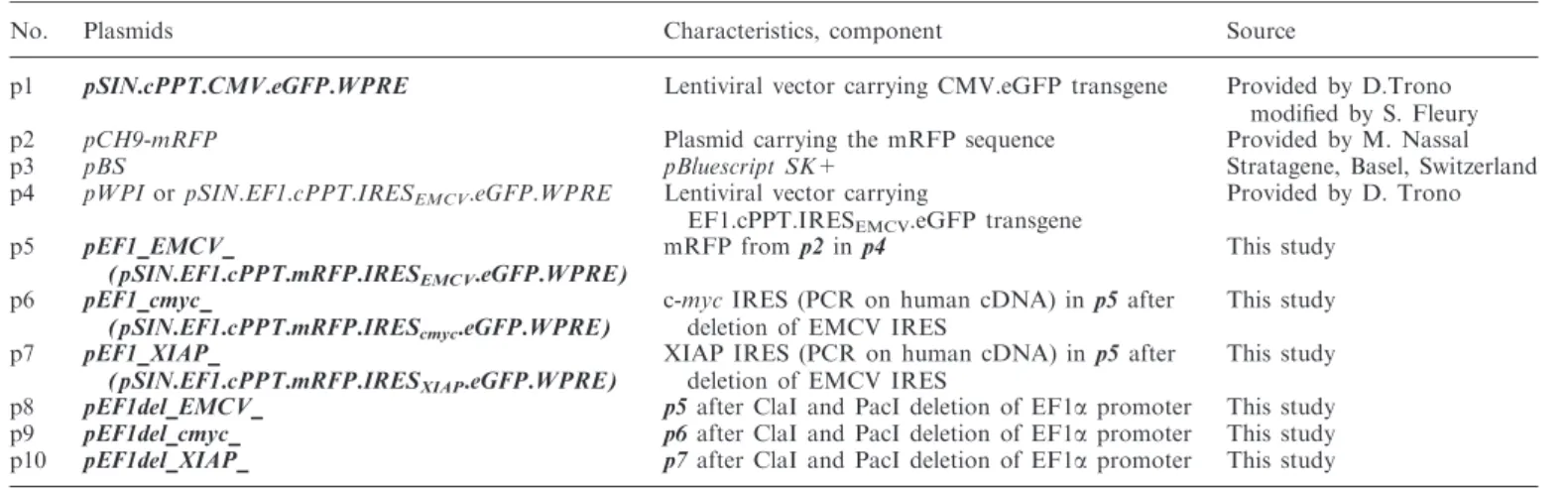 Table 1. Plasmids used in this study: ﬁnal (in bold) and intermediate constructs