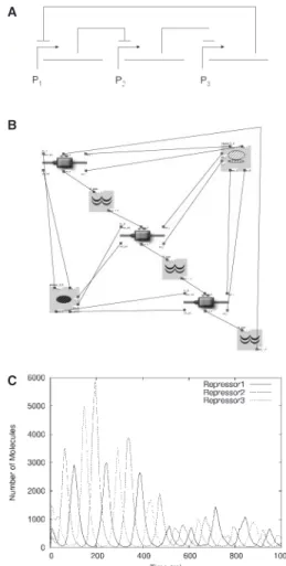 Fig. 3. The repressilator. (A) Circuit scheme. (B) Implementation with ProMoT. Three protein generators and five pools have been deployed on the canvas
