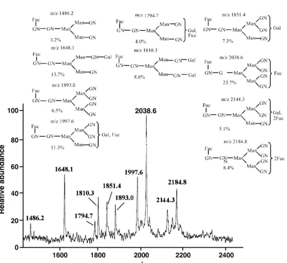 Figure 10. Positive ion matrix-assisted laser desorption ionization (+MALDI) mass spectrum (MS) following profile of (M+Na) +  with PNGase-F release