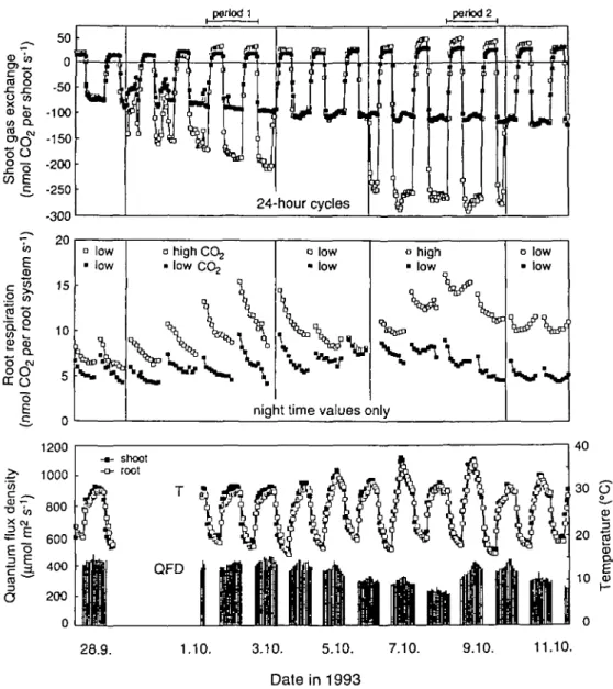 Fig. 1. Continuous recordings of CO 2  gas exchange of shoots and roots of wheat seedlings grown under low (closed symbols) and high CO 2 concentrations (open symbols)