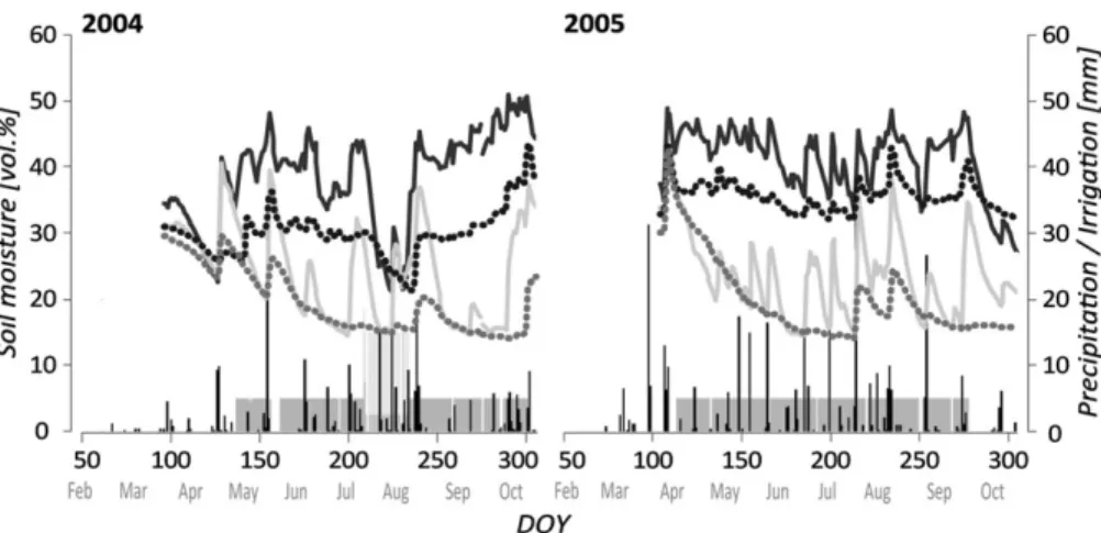 Fig. 2. Soil moisture on the irrigated (black) and the control (grey) plot measured at 10 cm (solid lines) and 60 cm (hatched lines) depth, together with the amount of precipitation (black bars) and irrigation (grey bars) for the years 2004 (left) and 2005