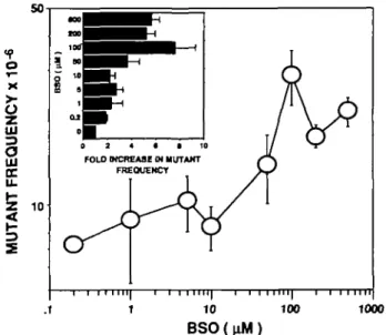 Fig. 3. Frequency of spontaneous mutation at the HGPRT locus of TK6 cell populations as a function of preincubation with a series of concentrations of BSO