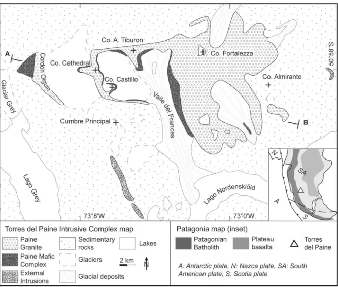 Fig. 1. Geological map of the Torres del Paine intrusive complex (TPIC). Igneous contacts between intrusive units, as well as with the host-rock, are steep in the west, whereas they are generally subhorizontal in the central and eastern parts