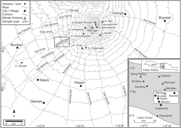 Fig. 1. Sketch map of the summit of Merapi with inset showing the location of Merapi relative to other Quaternary volcanoes in the area (triangles) and areas of significant population () in Central Java (from Gertisser &amp; Keller, 2003b)