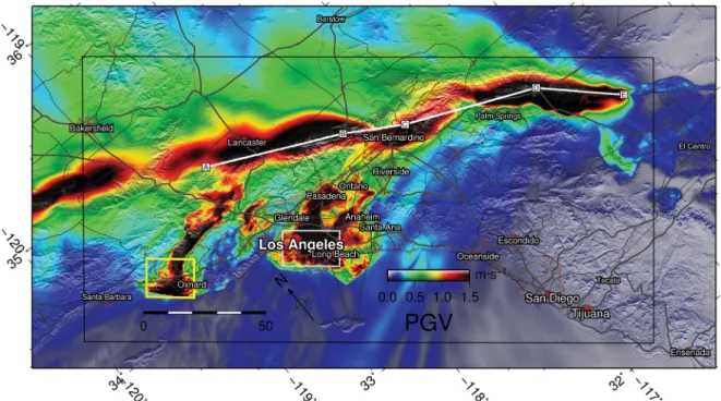 Figure 2. Horizontal peak ground velocities (m s– 1 ) obtained from an elastodynamic simulation of ShakeOut V1.2b