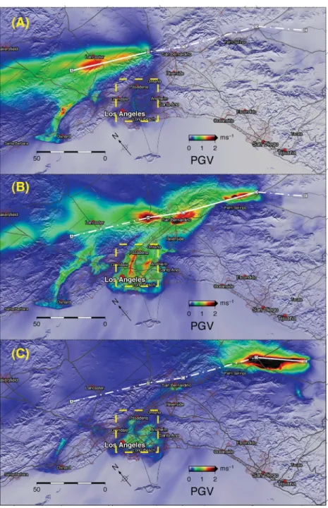 Figure 5. PGVs for partial simulations of the ShakeOut scenario. (a) Northernmost segment AB rupturing alone (maximum PGV in dashed square zone around LAB and SGB is 0.44 m s– 1 )
