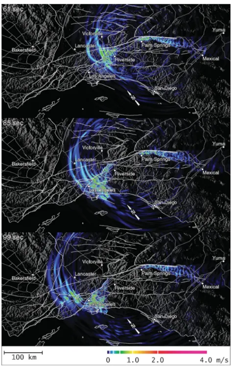 Figure 1. Snapshots of ground-velocity amplitude for simulation of rupture of the southernmost 200 km of the SAF (from Olsen et al