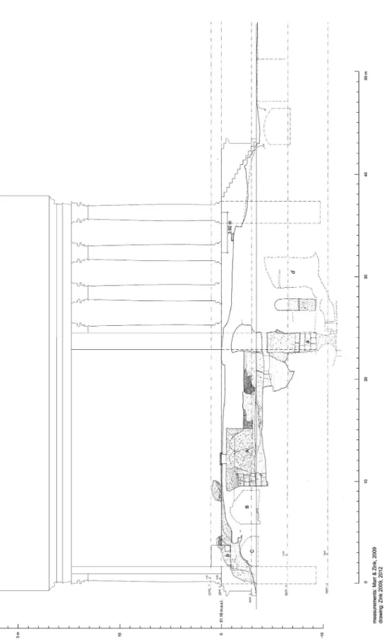 Fig. 7. Palatine, temple of Apollo, longitudinal section (A’-A’ in fig. 6) through the foundations of the cella and the podium, with a schematic reconstruction of the temple’s  elevation (after Zink 2008)