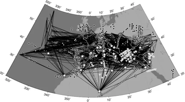 Figure 2. Geographical distribution of constraints used in the 3-D inversion: wave paths (solid lines) that produced linear constraints through waveform fitting and locations with previous observations of the crustal thickness (white stars, receiver functi