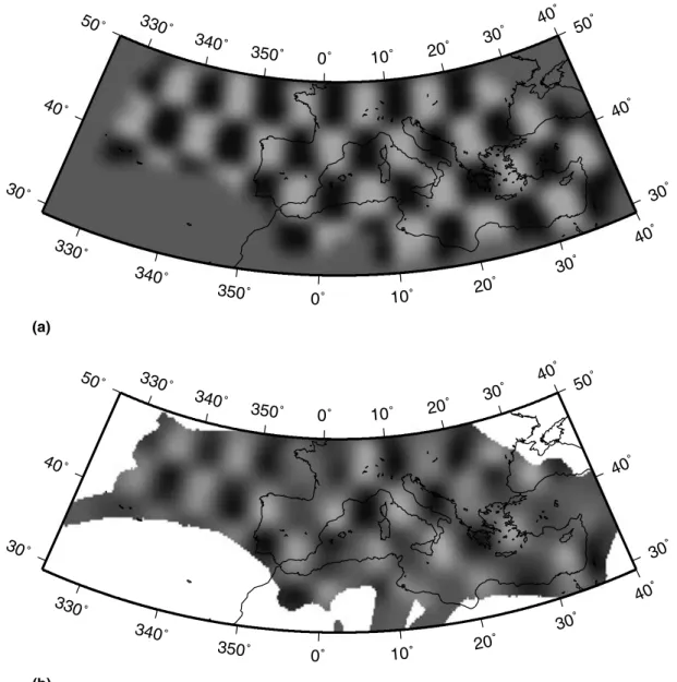 Figure 6. Chequerboard resolution test with 5 ◦ anomaly size: (a) input model, (b) retrieved structure.