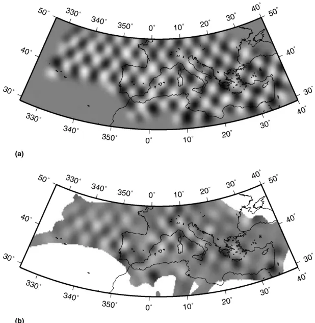 Figure 7. Chequerboard resolution test with 3 ◦ anomaly size: (a) input model, (b) retrieved structure.