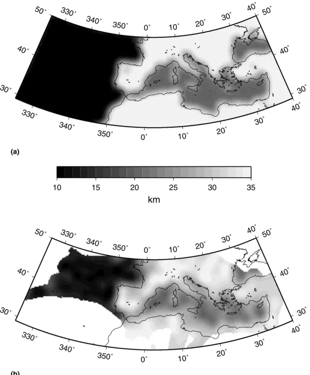 Figure 8. Resolution test with realistic input structure (10, 20 and 35 km Moho depth beneath the Atlantic Ocean, the Mediterranean Sea and Europe, respectively): (a) input model, (b) retrieved structure.