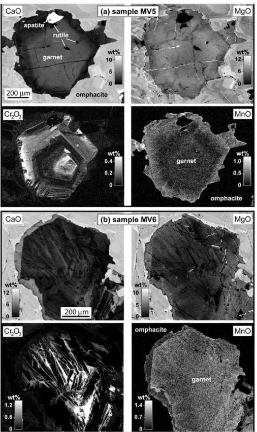 Fig. 6. X-ray intensity maps of Ca, Mg, Cr and Mn in garnet from Type-2 vein samples MV5 (a) and MV6 (b)