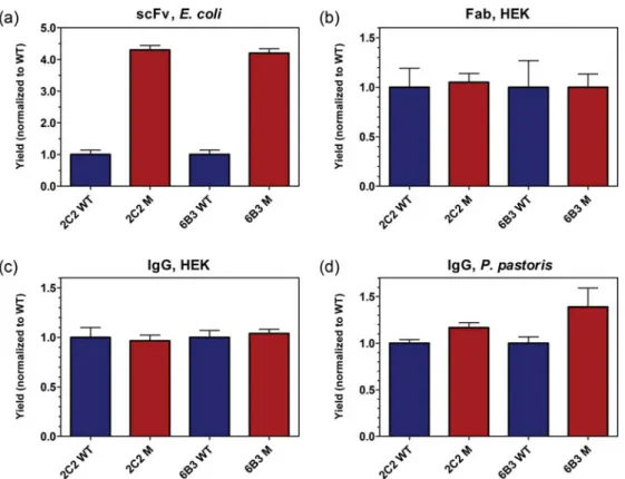 Fig. 2. Influence of mutations on secretion levels of antibody constructs. Secreted antibody levels of either scFv, Fab or IgG constructs detected by ELISA.