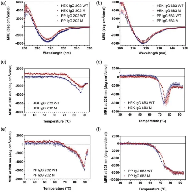 Fig. 3. Analysis of IgG constructs by CD. Signals derived from WT variants are displayed in blue while those of the mutant M are represented in red