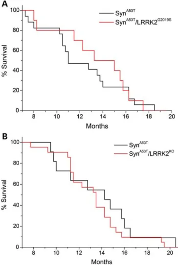 Figure 3. Behavioral deficits in A53T-a-Syn transgenic mice are not altered by the absence of LRRK2