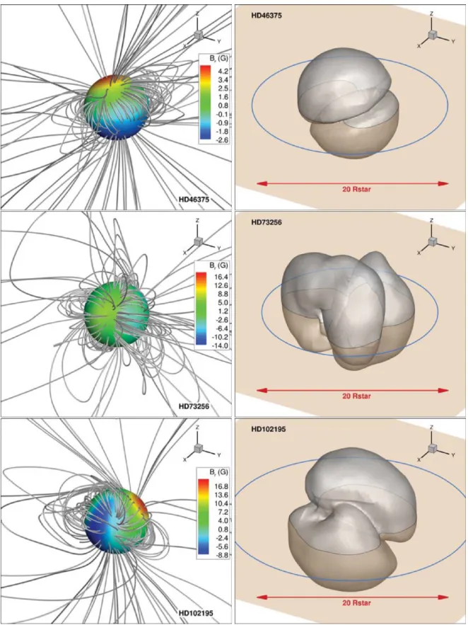 Figure 2. Left: the final configuration of the magnetic field lines after the wind solution has relaxed in the grid