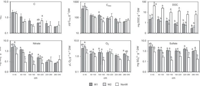 Fig. 1. Soil nutrients (C in %, DOC, NO 3 and SO 4 2 in mg g 1 DW) and microbial community status (C mic in mg g 1 DW and O 2 inmL g 1 h 1 DW) in six soil depths (0–40, 40–100, 100–160, 160–220, 220–280, and 280–340 cm) at the watered sites W1 and W2, and 