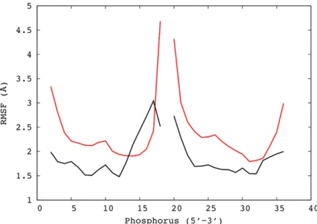 Figure 2. Root mean square fluctuations ( ˚ A) for the phosphorus atoms of the AGCT oligomer are smaller when calculated using the CHC analysis mapped into Cartesian space (black lines), than when simply superposing snapshots from the molecular dynamics si