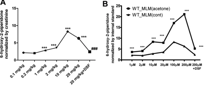 FIg. 6.  The influence of 2-piperidone treatment and CYP2E1 activity on the production of 6-hydroxy-2-piperidone in vivo and in vitro