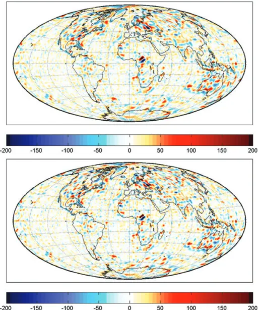 Figure 3. Radial magnetic field B r at Earth’s surface (in units of nT) for the quadratic regularized model STT-CRUST-Q (top panel) and entropy regularized model STT-CRUST-E with default parameter w = 10 nT (bottom panel)