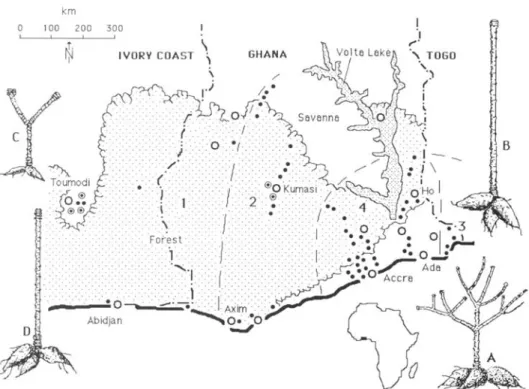 Fig. 1.—Map of survey area in Ghana and Ivory Coast with rain forest-transition zone (stippled) and approximate limits of distribution of Epidinocarsis lopezi (broken lines) separating Zones 1-4 (parameter 29, Appendix), together with schematic cassava pla