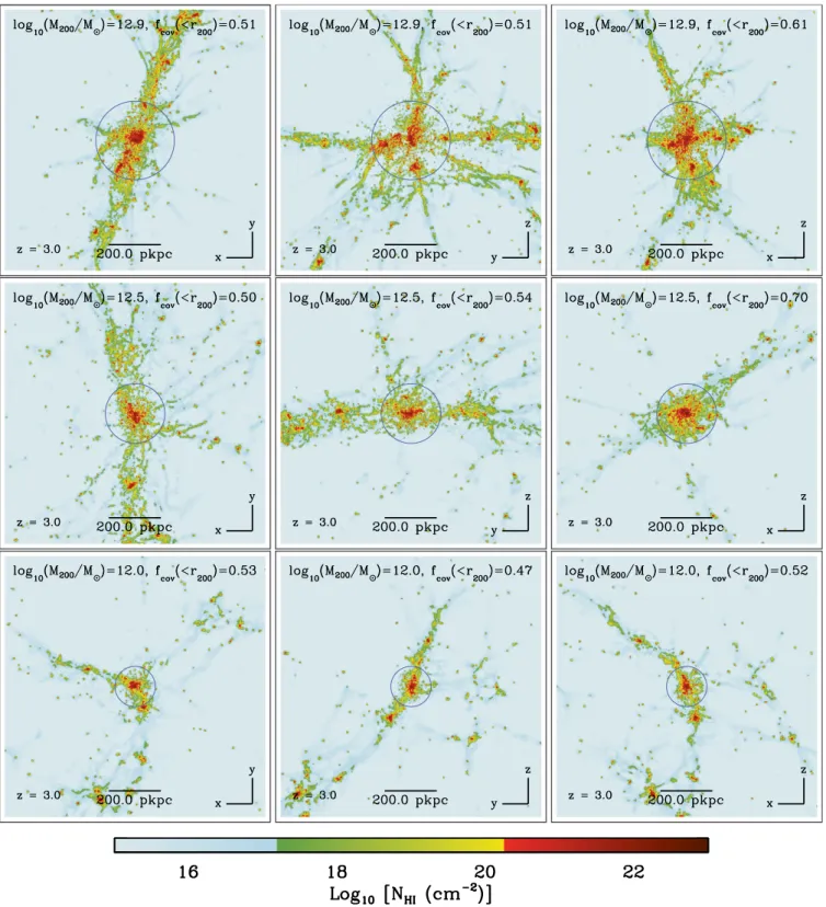Figure 3. The simulated H I column density distribution around randomly selected massive galaxies at z = 3