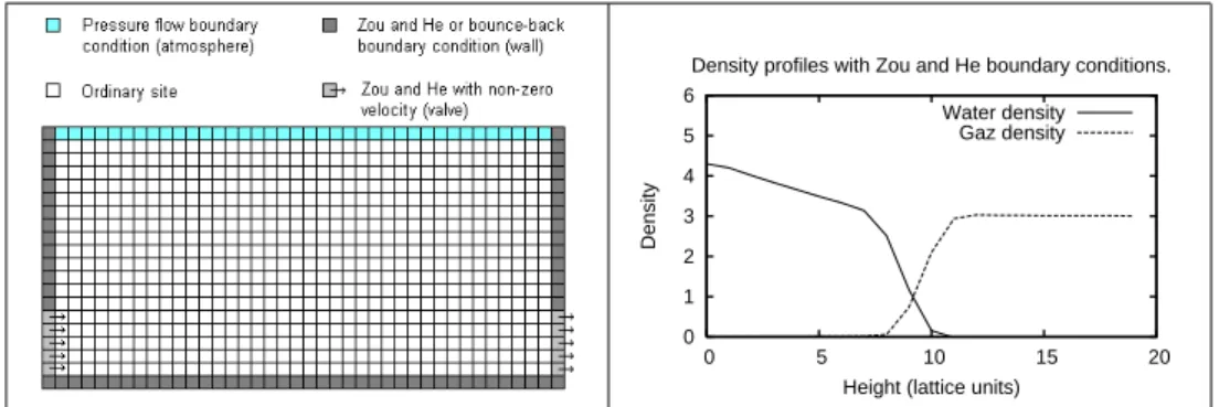 Figure 1: At left, the LB lattice for a one-reach system. At right, an example of a vertical density profile in the middle of a reach.