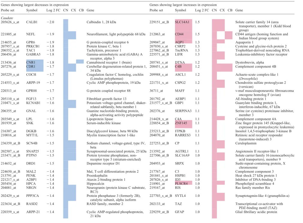 Table 3. Top 30 mRNAs in each region showing differential expression in human Huntington’s disease brain