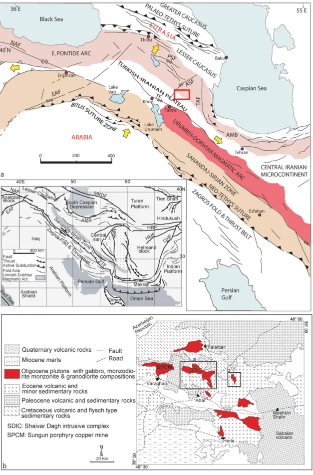 Figure 1. (Colour online) (a) Simplified tectonic map of NW Iran, eastern Turkey and the Caucasus within the Arabia–Eurasia collision zone (inset) showing the active plate boundaries and plate convergence vectors with respect to a fixed Eurasia (yellow arr