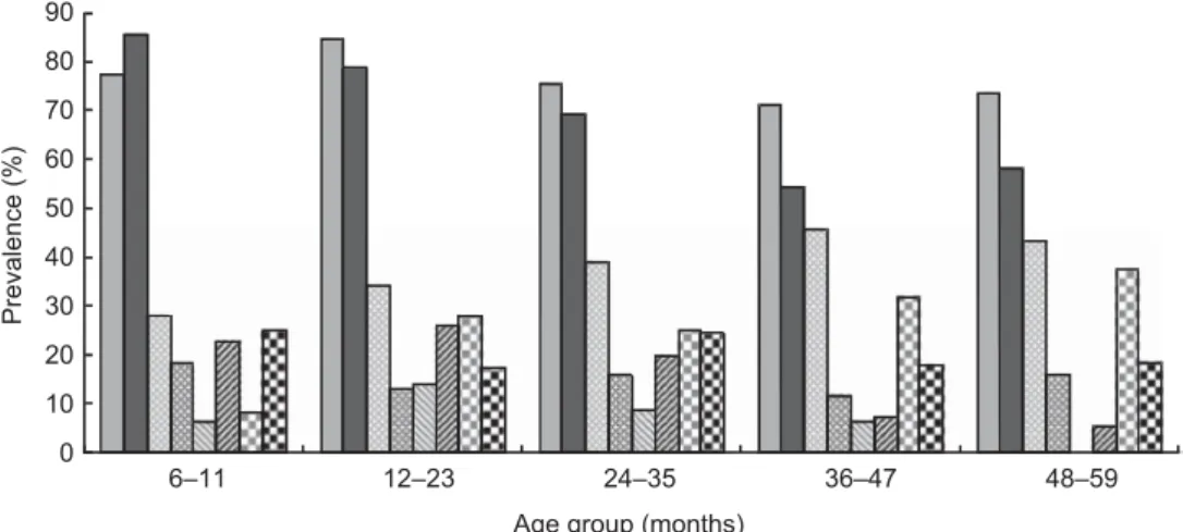 Fig. 1 Prevalence of anaemia ( , rural; , urban), malaria parasitaemia ( , rural; , urban), iron deficiency ( , rural; , urban) and vitamin A deficiency ( , rural; , urban) by age and residency in pre-school children aged 6–59 months, Coˆte d’Ivoire, 2007.