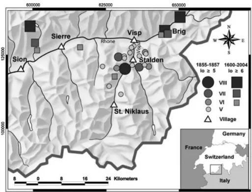 Figure 1. Historical seismicity of the investigated region in the middle Valais.