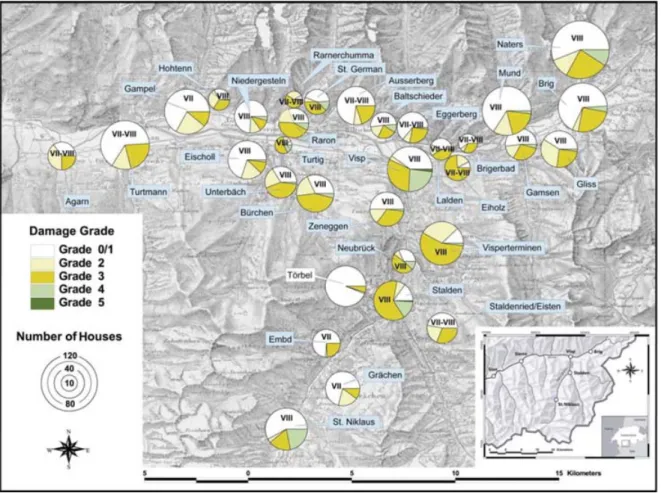 Figure 8. Damage grades and intensities assigned on the basis of the damage lists. For locations with intensity degrees in the form of VII–VIII, it was not possible to decide which value is appropriate