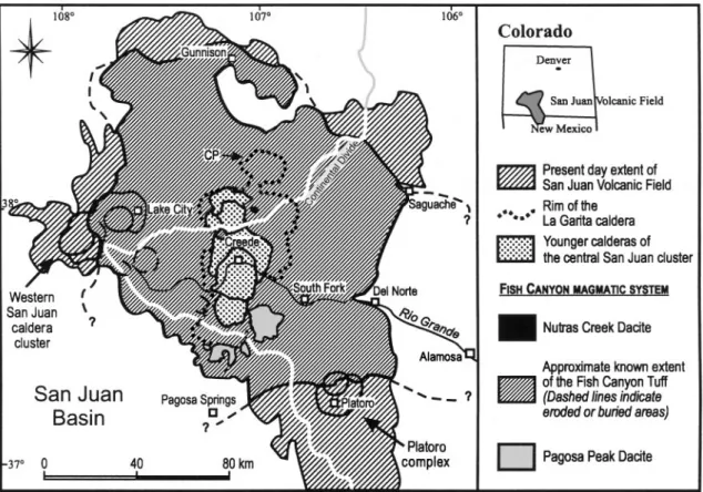 Fig. 2. Location map showing the preserved extent of the San Juan volcanic field and the approximate distribution of the outflow facies of the Fish Canyon Tu ﬀ (modified from Steven &amp; Lipman, 1976)
