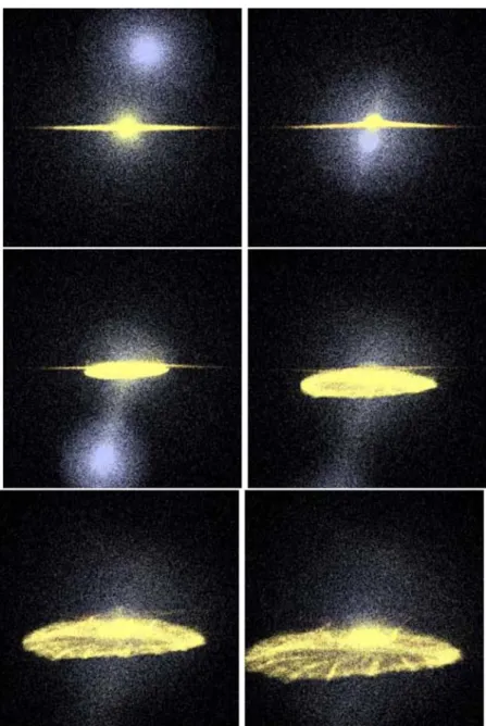 Figure 1. Run A3, time evolution of the dark matter (blue on the web), stellar (yellow on the web) and gas (red on the web) component during the encounter.