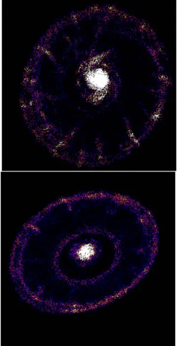Figure 6. Density of stars at t = 140 Myr in run A1 (top panel) and A3 (bottom panel)