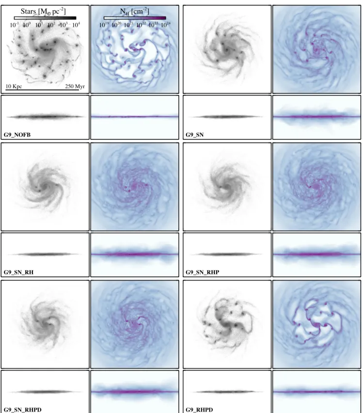 Figure 3. Maps of the G 9 galaxy (roughly 10 times less massive in baryons than the MW) at 250 Myr, for the different feedback runs