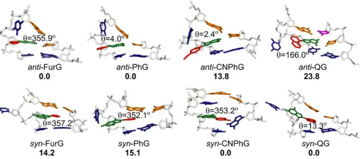 Figure 6. Representative structures corresponding to lowest energy anti and syn conformations for the studied adducts paired against − 2