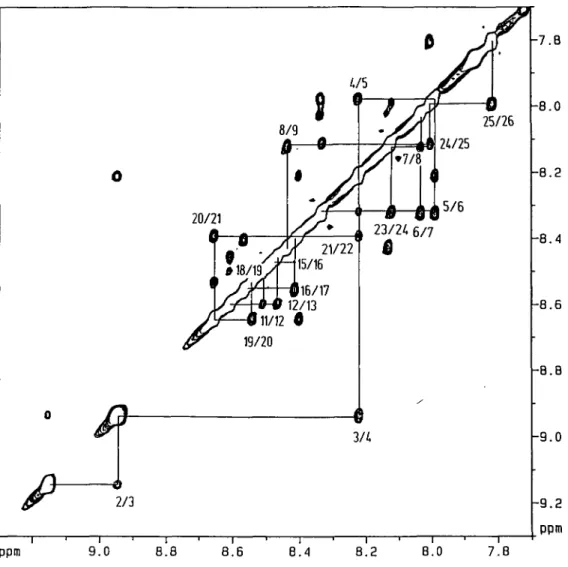 Fig. 3. NH-NH region of a NOESY-spectrum of HELP in CD 3 OH at 290 K with a mixing time of 240 ms