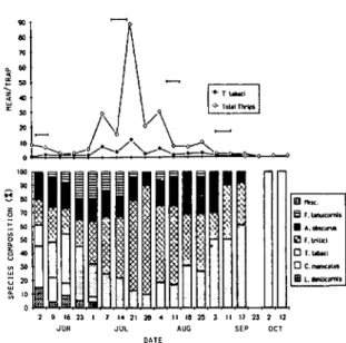 Fig. 6. Means and species composition of thrips col- col-lected from sticky trap samples from two cabbage fields in 1982, Ontario County, system 3