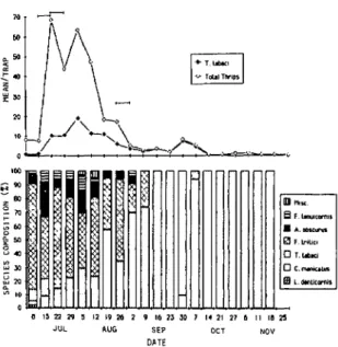Fig. 10. Means and species composition of thrips collected from sticky trap samples from one cabbage field in 1982, Monroe County, system 5.1----1, harvest of adjacent wheat or alfalfa field.