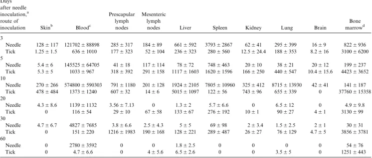 Table 2. Comparison of nos. of copies of the agent of human granulocytic ehrlichiosis (aoHGE) p44 DNA extracted from different tissues of mice infected by needle and tickborne inoculation, at various time intervals after inoculation.