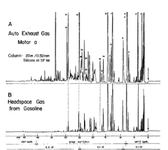 Figure 5. A: 2 ml of auto exhaust gas; B: 2 ml of gasoline