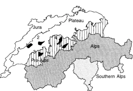 FIG. 1. The five areas of study on the Swiss Plateau and the Pre-Alps. 1: Payerne; 2: Bern West;