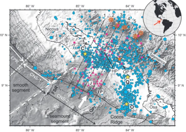 Figure 1. Setting of the Jac´o seismological experiment in the Central Pacific margin of Costa Rica