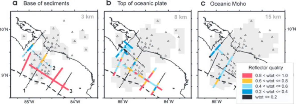 Figure 2. Controlled source seismology profiles in the study area. Dotted lines represent wide-angle profiles and continuous lines, depth-migrated near-vertical reflection profiles