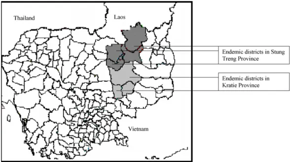 Figure 1 Location of districts endemic for Schistosoma mekongi in Cambodia.