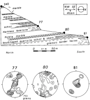Figure 16 Elongate dynamically recrystallised calcite grains in Saline Valley marble defining a grain shape fabric (S B ) which is oriented oblique to mylonitic foliation (S A )—sample PF.240;
