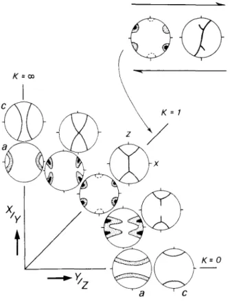 Figure 4 Optically measured quartz c-axis fabrics from the Harkless quartzite (Q) and granitic rocks of the Papoose Flat pluton (G) presented on projection planes parallel to lineation (X) and perpendicular to foliation (XY); these fabrics were originally 